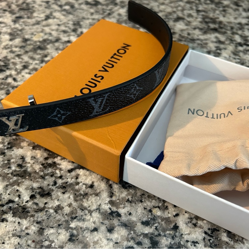 Louis Vuitton Black Monogrammed Leather Belt with Silver LV Buckle